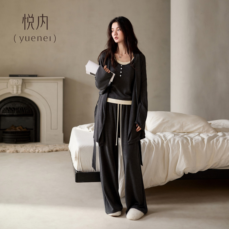 悦内睡衣女秋冬季冬天保暖德绒加绒舒适家居服睡袍休闲慵懒三件套