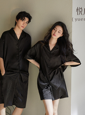 悦内情侣睡衣女夏季夏款冰丝短袖短裤丝绸家居服男夏天黑色高级感