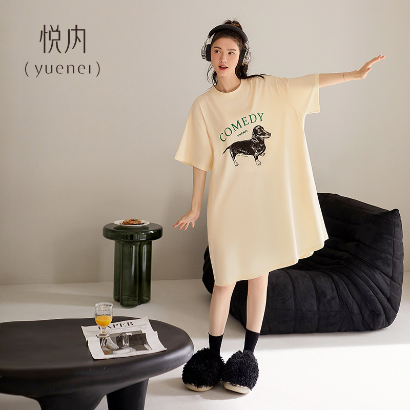 悦内睡裙女款睡衣夏季夏天纯棉短袖宽松大码休闲新款中长裙可外穿