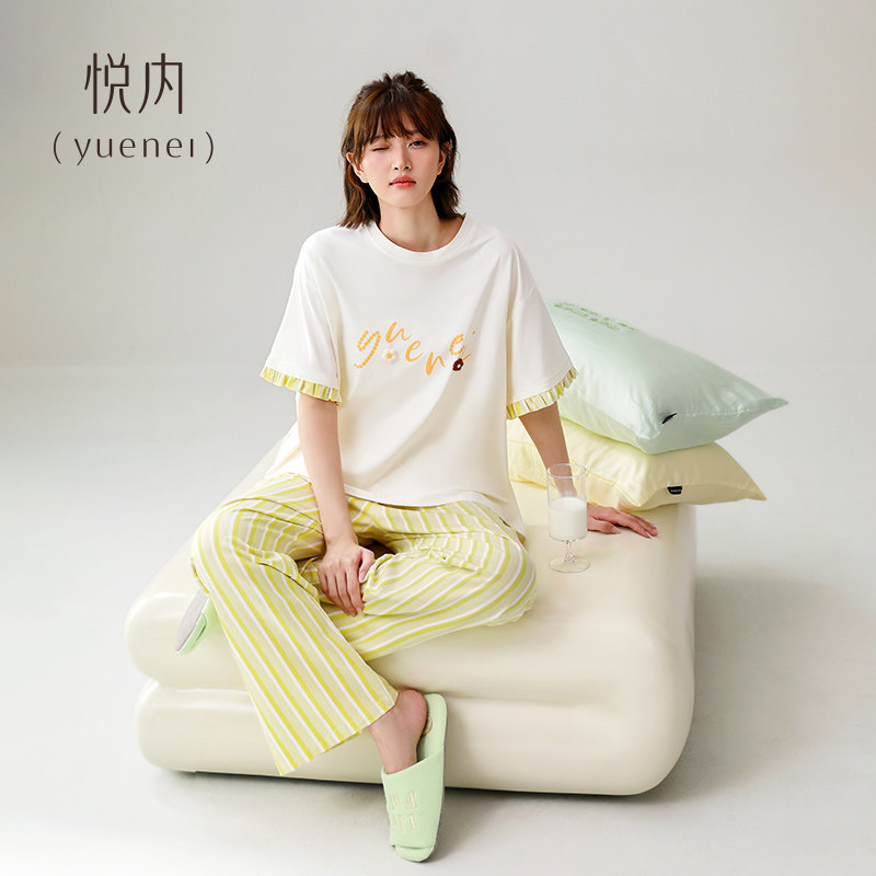 悦内带胸垫睡衣女款夏季春季纯棉短袖长裤家居服女生宽松圆领套装