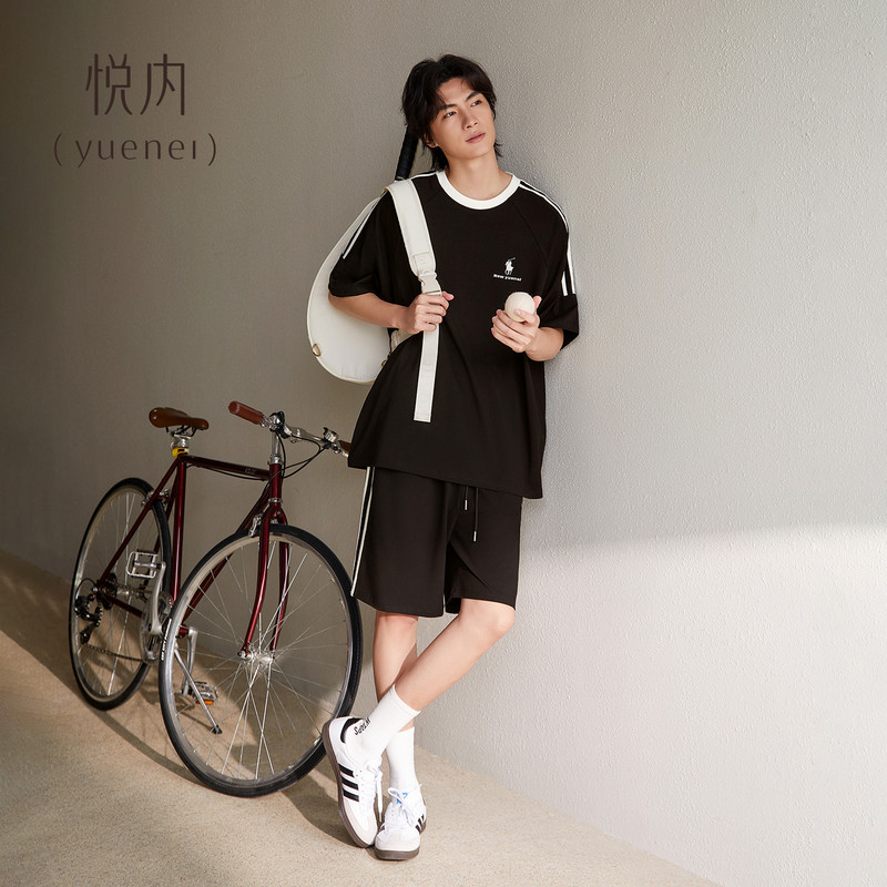 悦内睡衣男款夏季夏天纯棉短袖短裤大码家居服休闲圆领运动风套装