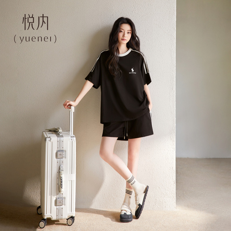 悦内带胸垫睡衣一体夏季女纯棉短袖大码家居服时尚休闲圆领运动风