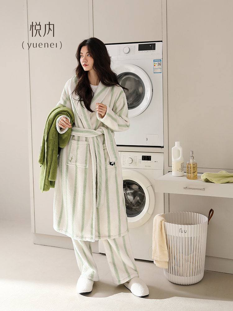 悦内睡袍女睡衣秋冬季冬款珊瑚绒加绒加厚法兰绒保暖长款两件套装