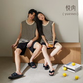 无袖 条纹夏款 背心短裤 休闲时尚 纯棉家居服男士 悦内情侣睡衣女夏季