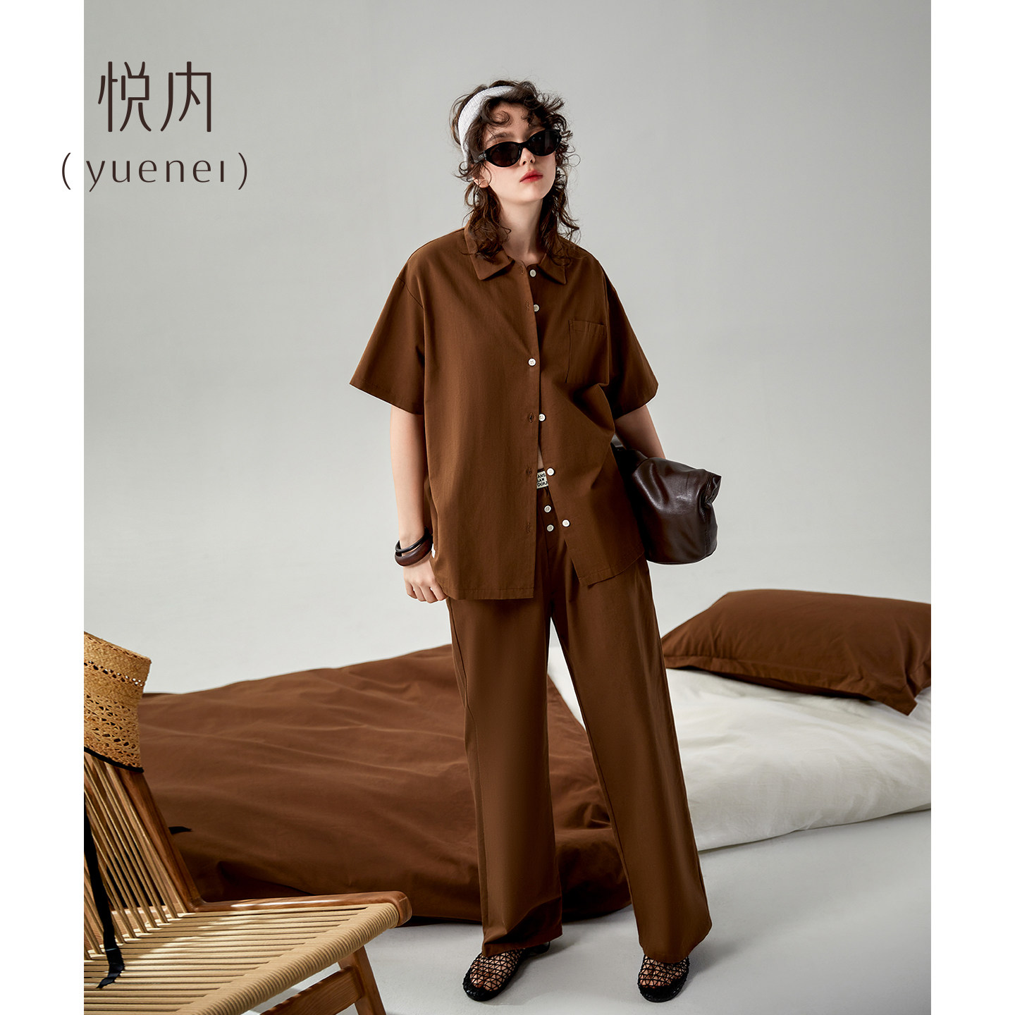 悦内睡衣女士夏季纯棉短袖衬衫大码家居服时尚宽松休闲复古高级感