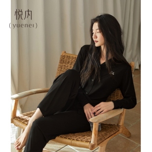 家居服休闲黑色高级感套装 悦内带胸垫睡衣女春秋季 秋天莫代尔长袖