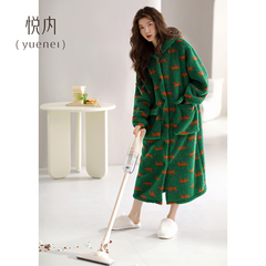 悦内睡裙女睡衣秋冬款冬季珊瑚绒加绒加厚保暖可外穿大码长款开衫