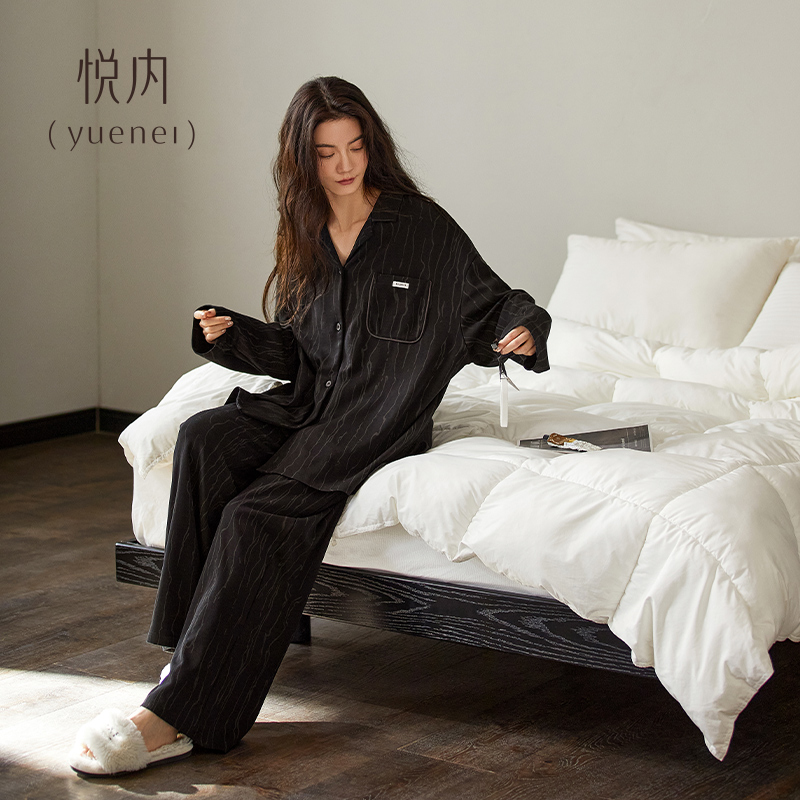 悦内睡衣女士春秋季秋款纯棉长袖家居服大码黑色复古开衫休闲套装