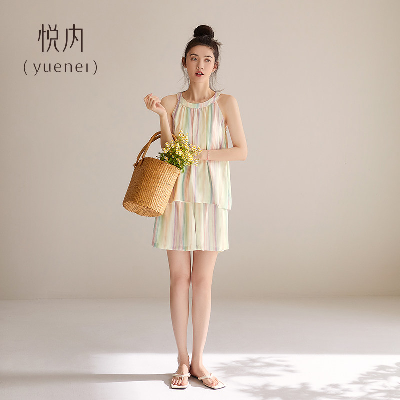 悦内带胸垫睡衣女夏季冰丝绸吊带无袖背心短裤家居服时尚彩色条纹