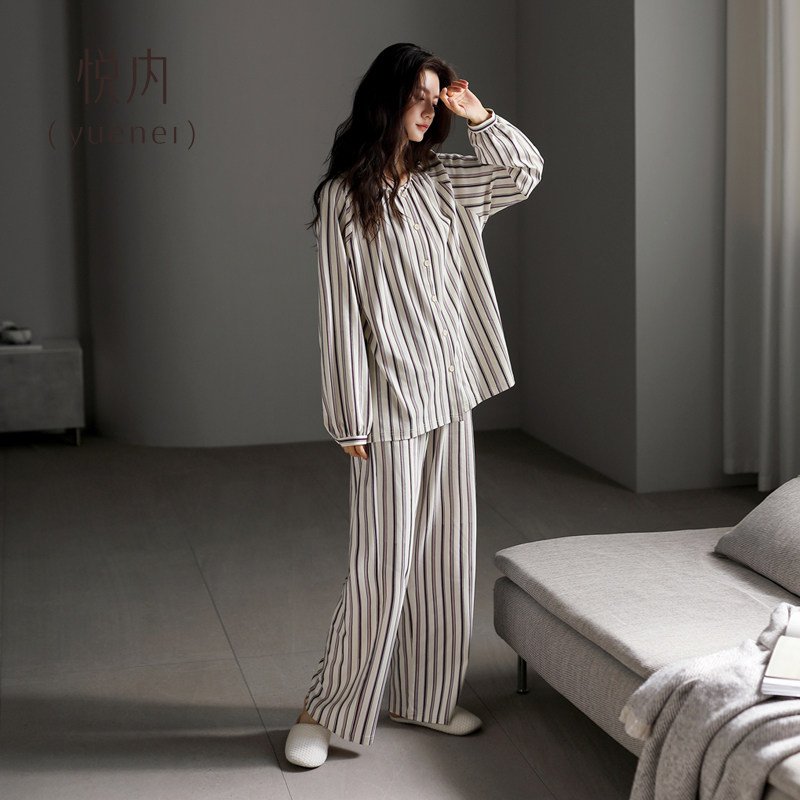 悦内睡衣女春秋款秋季纯棉长袖家居服宽松时尚休闲条纹开衫可外穿,女士内衣/男士内衣/家居服,睡衣/家居服套装,淘宝优惠券,粉丝福利购,淘宝优惠卷