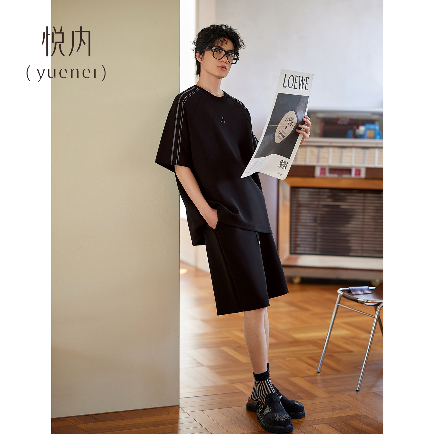 悦内睡衣男士夏季夏款短袖短裤纯棉家居服休闲运动黑色高级感套装
