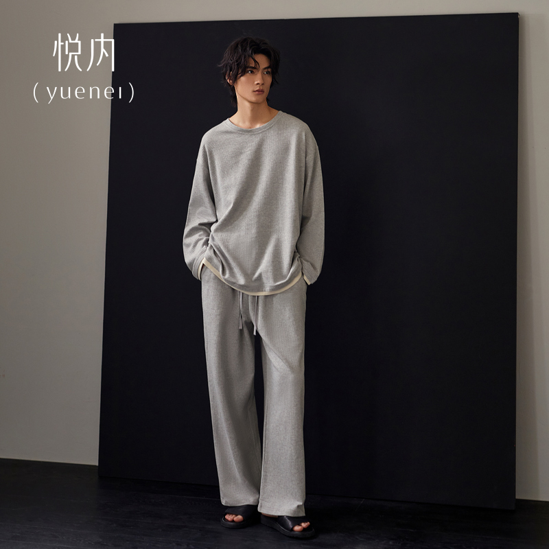 悦内睡衣男士春秋款纯棉长袖大码家居服男款套头休闲华夫格可外穿