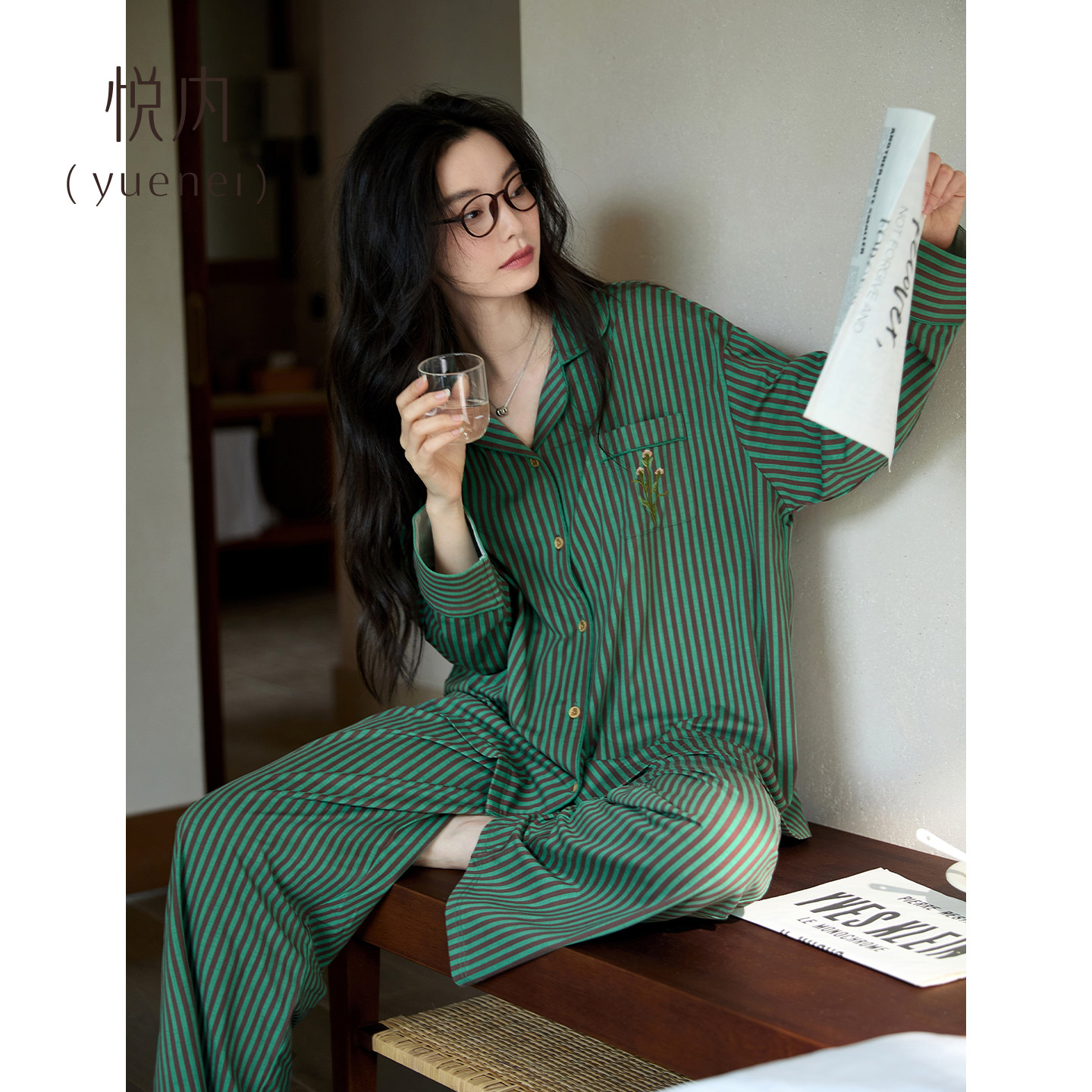 悦内睡衣女士春秋长袖纯棉舒适新款家居服秋天休闲复古条纹慵懒风