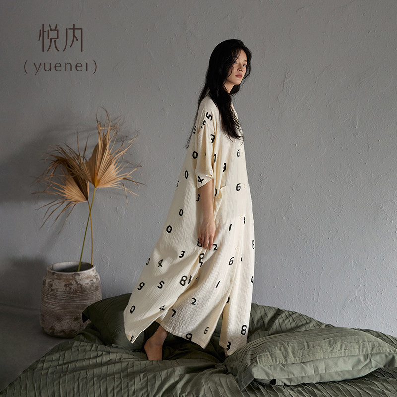 睡衣睡裙女款夏季家居服夏款纯棉纱布短袖开衫长款大码休闲可外穿