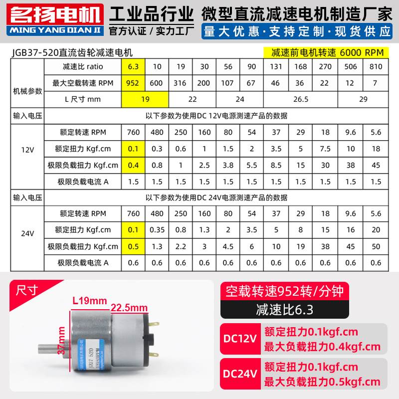 名扬电机 jgb37-520调速低速慢速微型马达小型24v直流减速电机12v