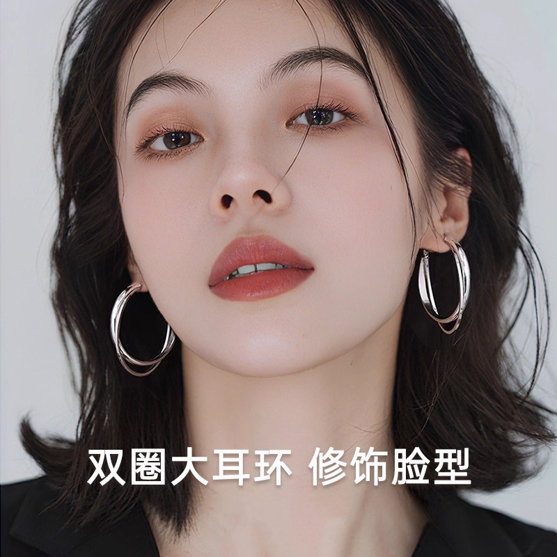 999纯银耳针高级感双圆圈耳环轻奢大耳圈百搭素圈方圆脸耳钉耳饰