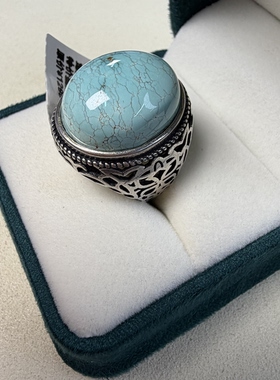 大尺寸带证书天然湖北原矿绿松石蛋面戒指高品质瓷釉级s925银