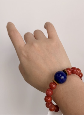保真天然南红玛瑙手链尺寸约10mm搭配天然青金石老料