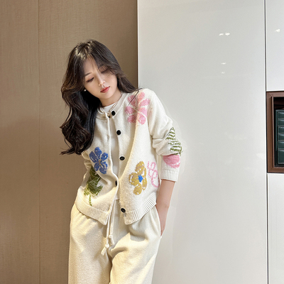 其他针织单排扣圆领开衫提花羊毛