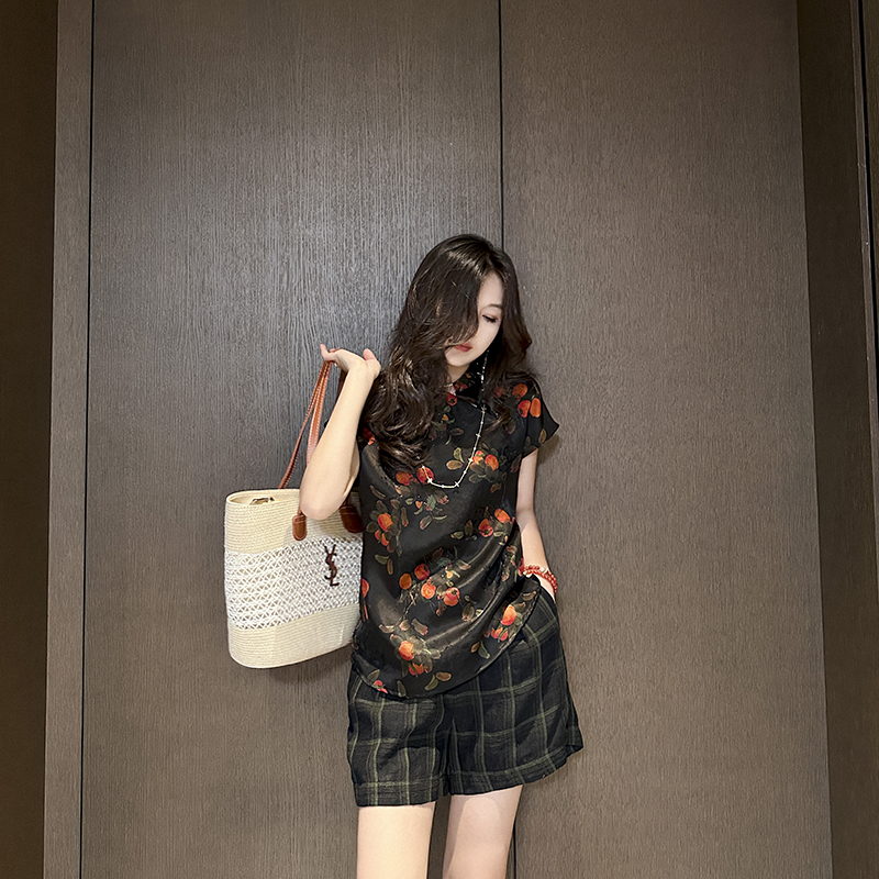 其他宽松中式套头短袖香云纱衬衣