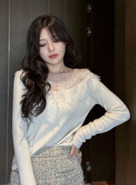 Sorrytin 法式女主 浪漫仙美  手工凤尾蕾丝镶钻羊绒针织衫