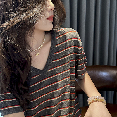 短袖通勤薄款莱赛尔条纹针织女T