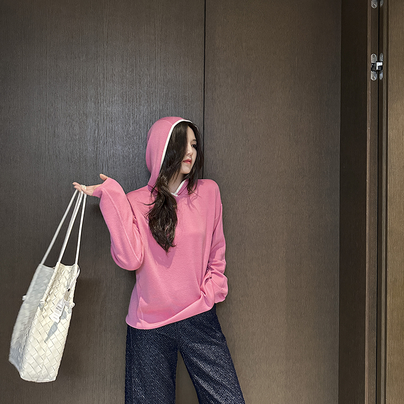 Sorrytin针织套头连帽撞色羊毛衫