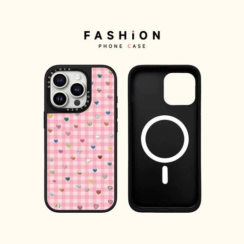 粉红格子彩色爱心蝴蝶结适用iphone17手机壳18promax苹果16pro磁吸MagSafe镜面15plus保护套防摔14日韩ins13