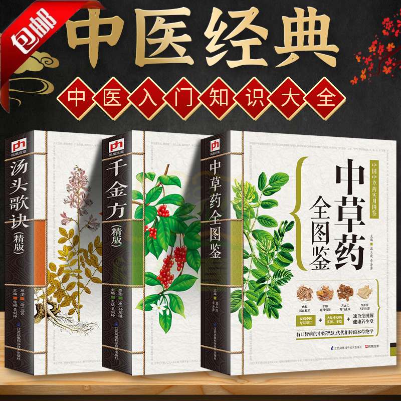 抖音同款3册中草药全图鉴+千金方+汤头歌诀中药材识别图鉴书籍 中草药入门中医医学书籍 本草纲目类畅销医学书籍