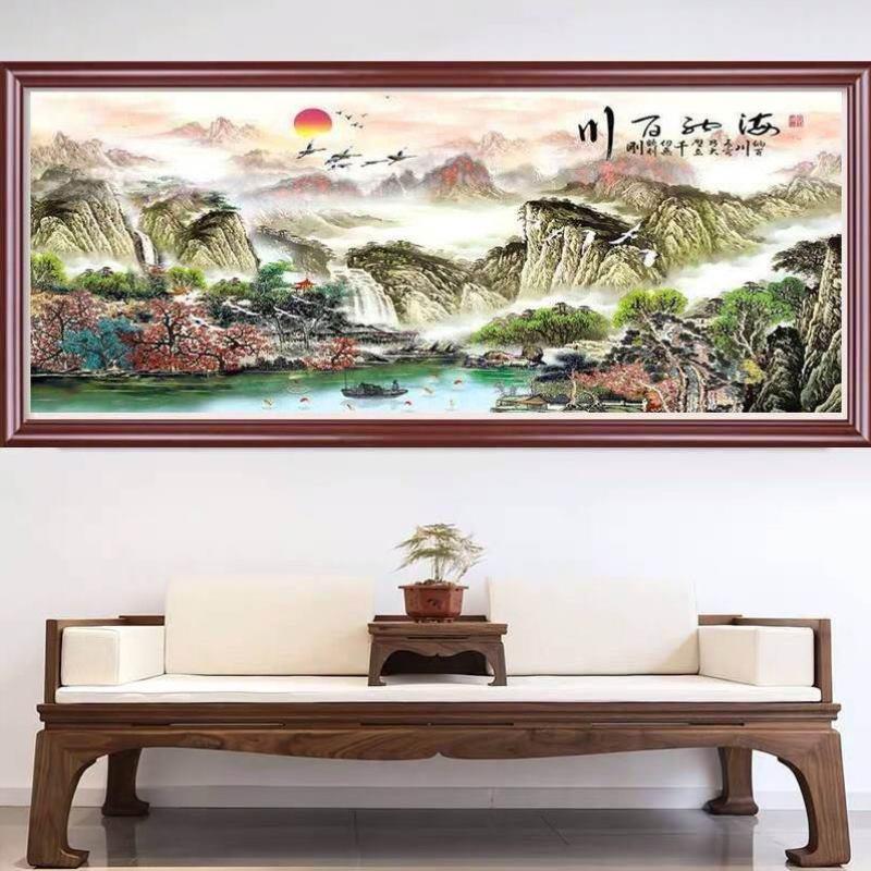 新款海纳百川十字绣线绣客厅大幅风景山水画现代满绣中国画画
