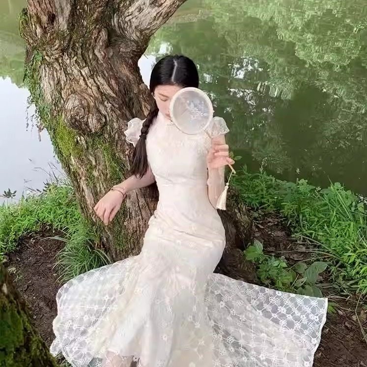 新中式网格小飞袖白色改良女2025春夏宴会礼裙包臀鱼尾,女装/女士精品,连衣裙,淘宝优惠券,粉丝福利购,淘宝优惠卷