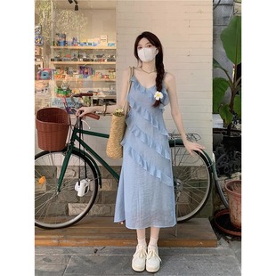 法式 气质浅蓝荷叶边女2025春夏多巴胺度假风裙收腰