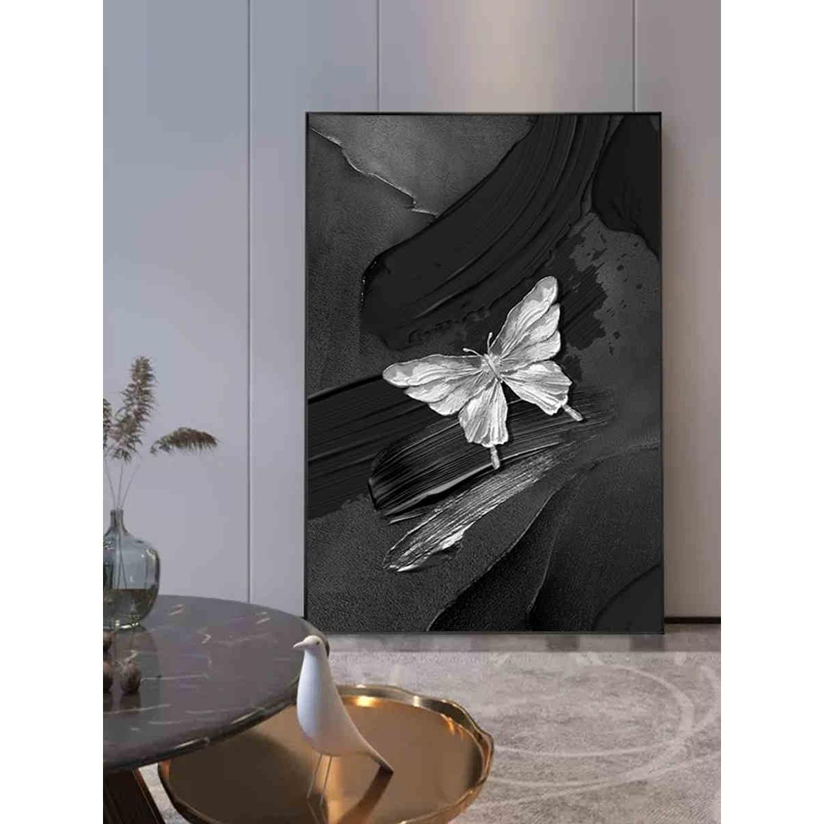 现代简约玄关装饰画高级感轻奢黑白蝴蝶石英砂抽象画客厅沙发挂画图片