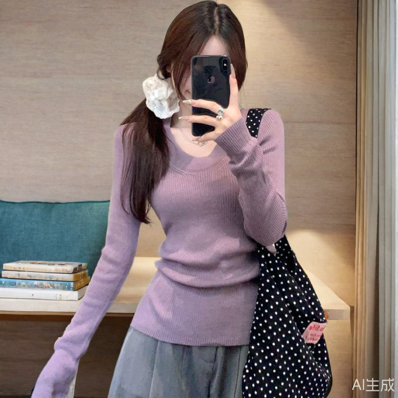 U领针织衫女春秋冬季新款韩系修身显瘦气质内搭长袖打底衫上衣ins