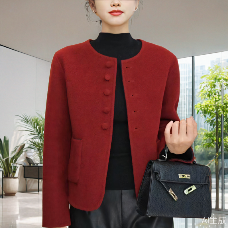 年轻妈妈大衣短款夹克春秋冬款韩版婚宴洋气红色小香风毛呢外套女