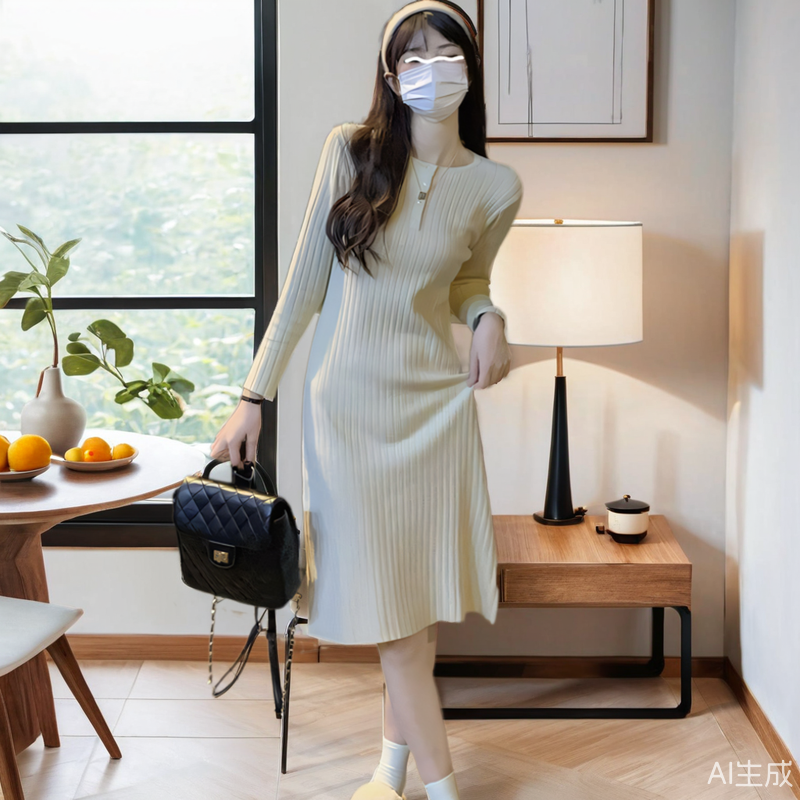 春秋冬新款遮肉针织长袖连衣裙女宽松中长款过膝毛衣打底内搭裙子