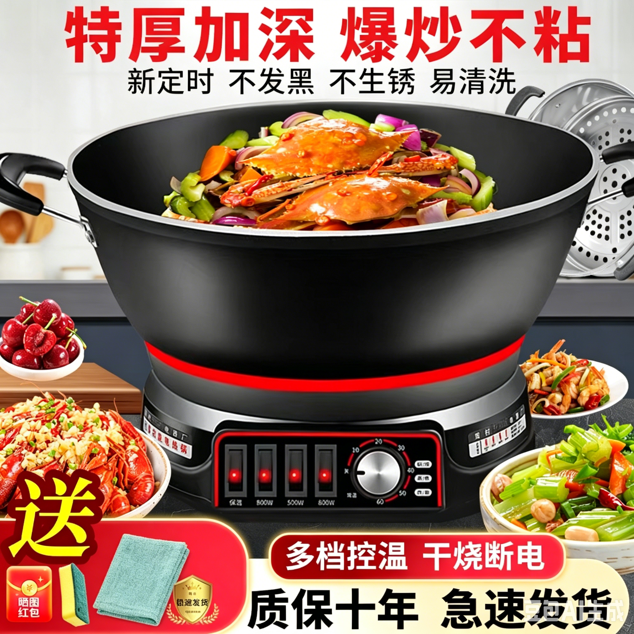 不粘锅电炒锅家用多功能电热锅连体电火锅蒸锅煮锅炖锅电锅炒菜锅