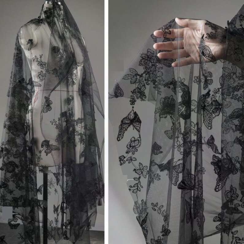 黑色立体蝴蝶刺绣网纱布料 创意婚纱礼服裙子手工服装设计师面料