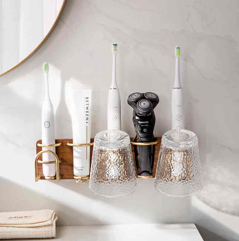 素风电动牙刷架卫生间壁挂置物架多功能免打孔轻奢实木沥水收纳架