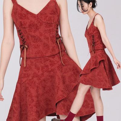 无线WUXIAN复古提花短款背心套装