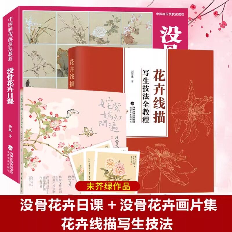 全3册【附教学视频】没骨花卉日课+没骨花卉画片集+花卉线描写生技法 鉴赏临摹花鸟画教程画册底稿恽寿平类中国画花鸟画技法作品集