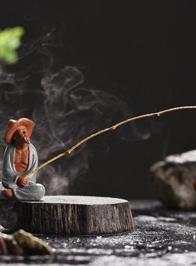 中式雕塑造景景观陶瓷人物摆件装饰微鱼缸渔翁小老头姜太公钓鱼