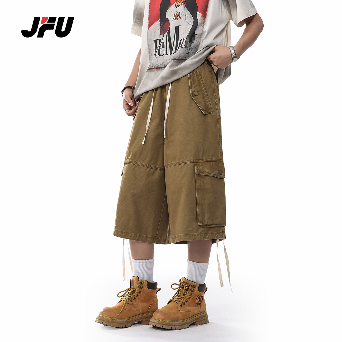 JFU夏季新款美式复古休闲裤男款宽松直筒阔腿多口袋工装七分裤
