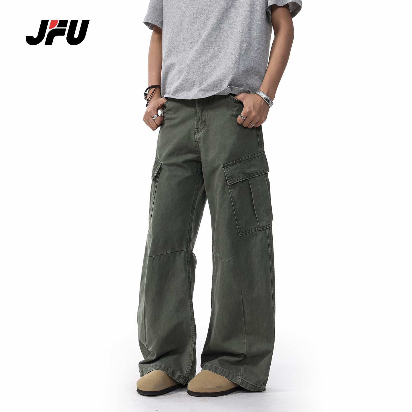 JFU夏季新款美式复古休闲裤男款宽松直筒阔腿多口袋工装裤长裤子