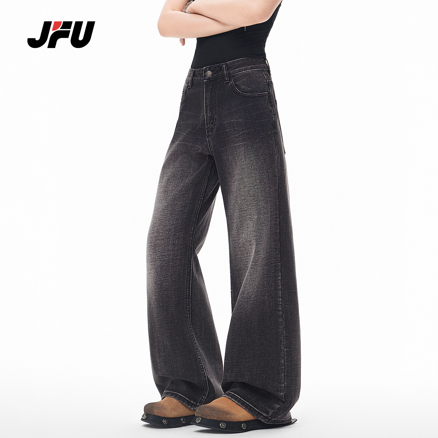 JFU潮牌 春季美式复古水洗做旧直筒微喇牛仔裤男宽松阔腿休闲长裤