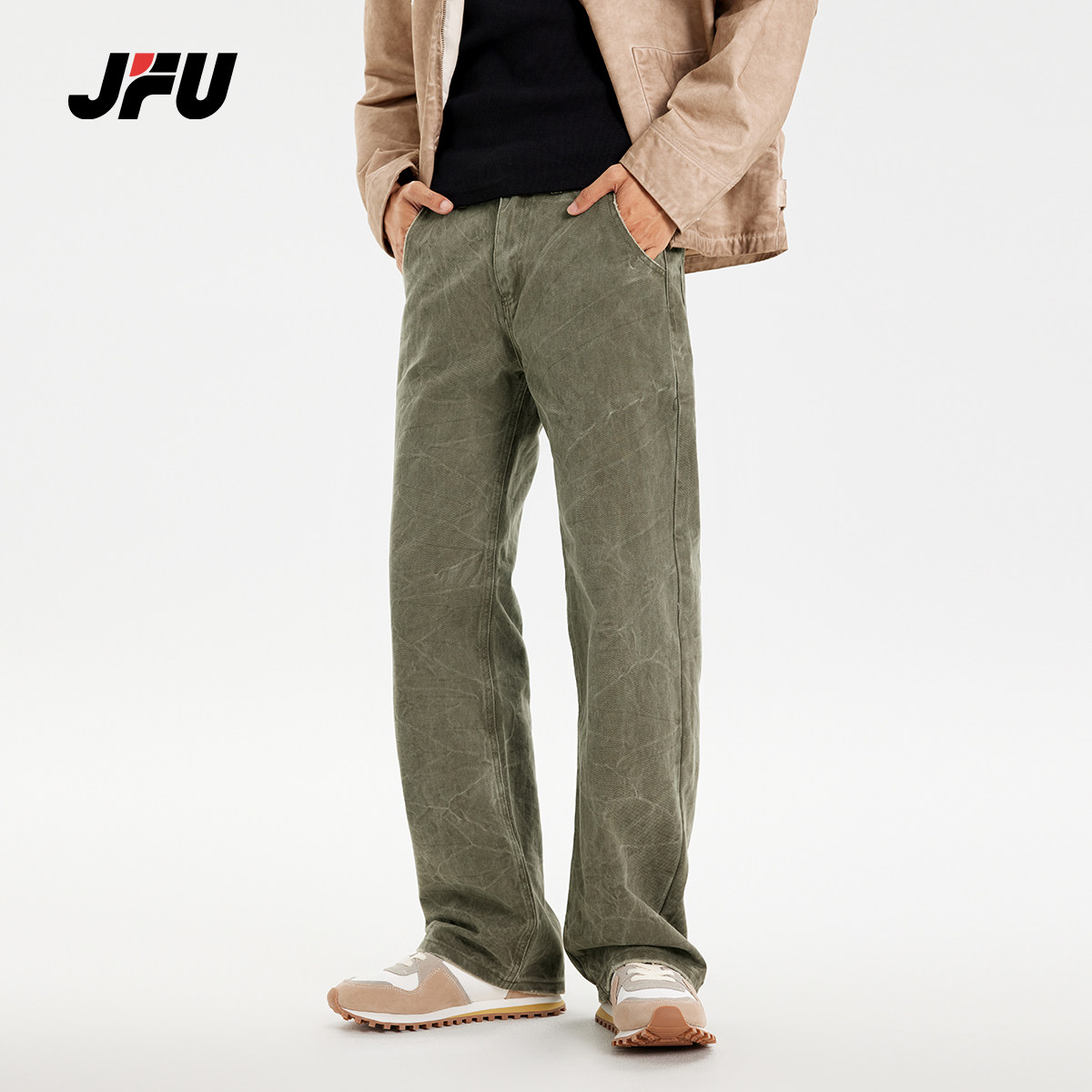 JFU秋季美式水洗直筒牛仔裤男宽松潮牌复古设计感cleanfit阔腿裤