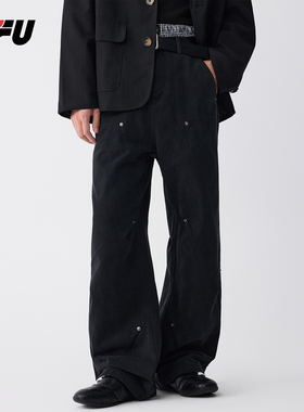 JFU潮牌秋冬新款美式复古铆钉褶皱微喇宽松休闲裤男款拖地长裤子