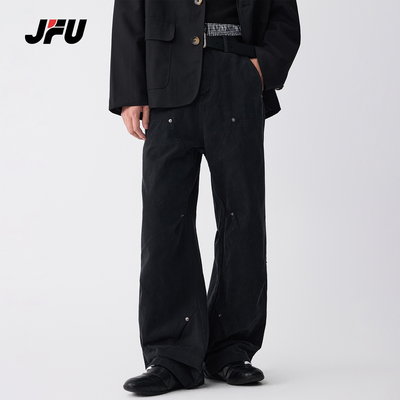 JFU潮牌春季新款美式复古铆钉褶皱微喇宽松休闲裤男款拖地长裤子