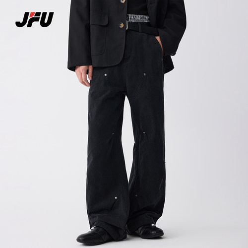 JFU潮牌 2026款美式复古铆钉褶皱微喇宽松休闲裤男款拖地长裤子