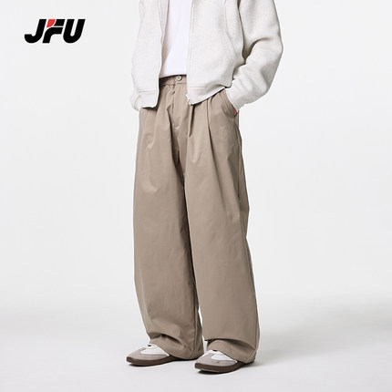 JFU夏季新款美式复古纯色褶皱休闲裤男款宽松直筒阔腿垂感长裤子
